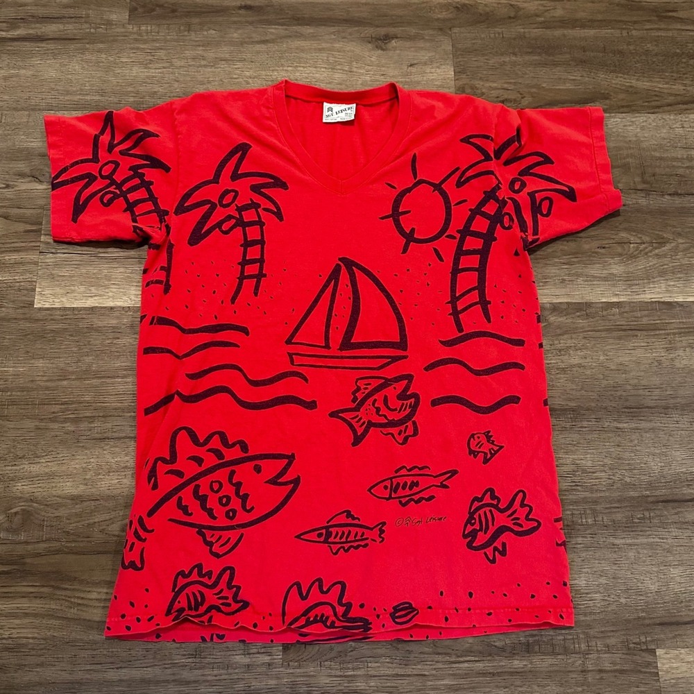 Vintage Sgt Leisure Red Beach Graphic V-Neck T-Shirt Made in USA One SZ 90's